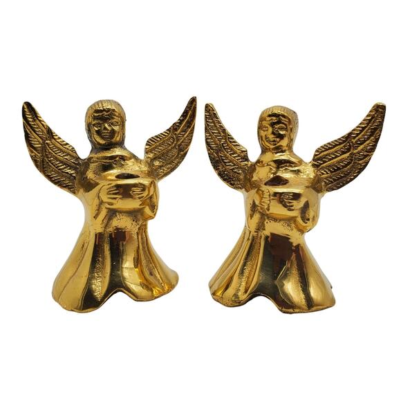 Pair Angel Brass Candleholders Figural Tiny Taper Candlesticks Vintage Holiday - Picture 1 of 6